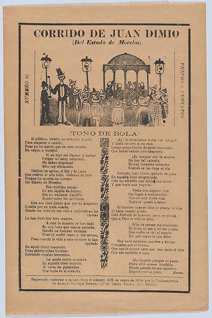 Broadsheet relating to the death of Juan Dimio, crowd of people gathered around a gazebo while a man wearing a top hat looks out toward viewer