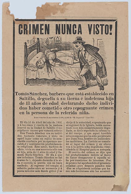 Broadsheet relating to a young girl who was beheaded while her father Tomás Sánchez left her at home alone