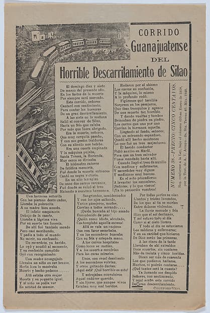 Broadsheet relating to a train accident in Guanajuatense and the many fatalities