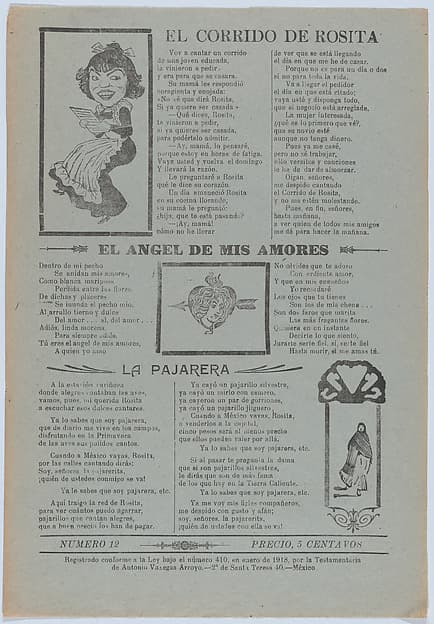 Broadsheet featuring three love ballads with vignettes showing a woman reading, a woman's head in a heart pierced by an arrow and a woman walking
