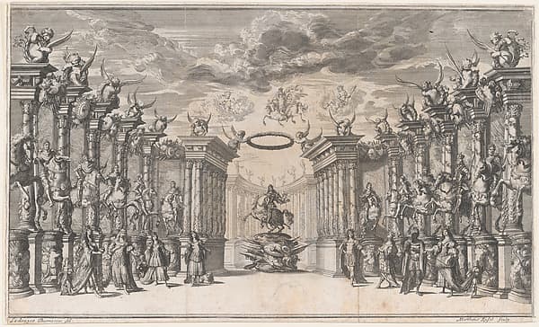 The Triumph of Austria; Leopold I at center, mounted on a reared horse, atop a military trophy; surrounded by equestrian portraits of the Holy Roman Emperors; set design from 'Il Pomo D'Oro'