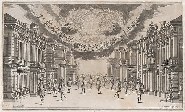 A group of young men dancing as the gods look on from above; set design from 'Il Pomo D'Oro'