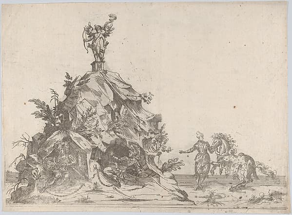 Rock formation with a blindfolded figure of cupid at top, two soldiers bound at the bottom, and a man with a horse to the right