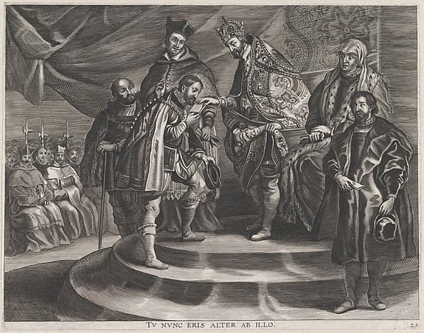 Plate 25: Philip crowned King of Spain by his father, Charles V; from Guillielmus Becanus's 'Serenissimi Principis Ferdinandi, Hispaniarum Infantis...'