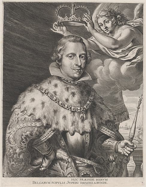 Plate 2: Portrait of Philip IV, King of Spain, being crowned; from Guillielmus Becanus's 'Serenissimi Principis Ferdinandi, Hispaniarum Infantis...'
