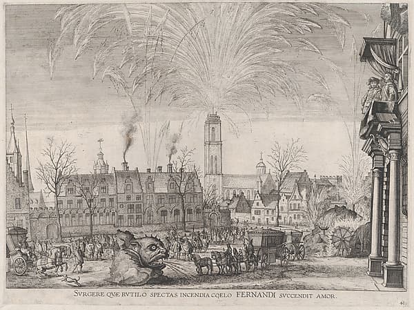 Plate 41: Fireworks display in city square with Ferdinand watching from a balcony at right; from Guillielmus Becanus's 'Serenissimi Principis Ferdinandi, Hispaniarum Infantis...'