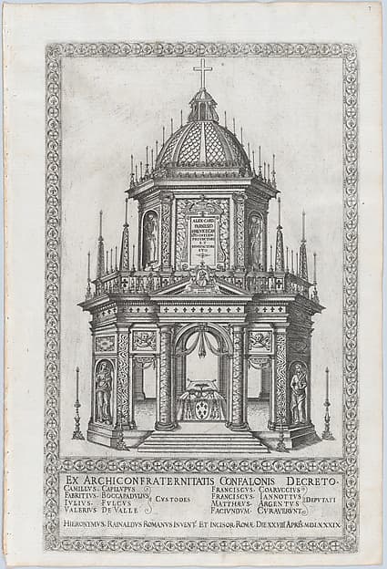 Catafalque for Cardinal Alessandro Farnese; from 'Libro De Catafalchi, Tabernacoli, con varij designi di Porte fenestre et altri ornamenti di Architettura'