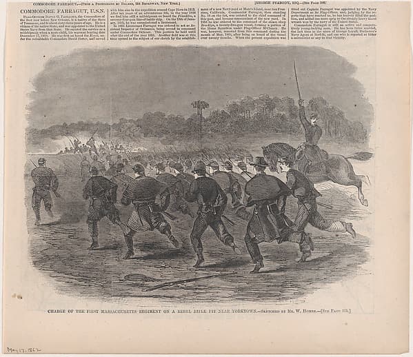 Charge of the First Massachusetts Regiment on a Rebel Rifle Pit Near Yorktown (from "Harper's Weekly," Vol. VI)