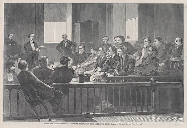 Jurors Listening to Counsel, Supreme Court, New York City Hall, New York (from "Harper's Weekly," Vol. XIII)