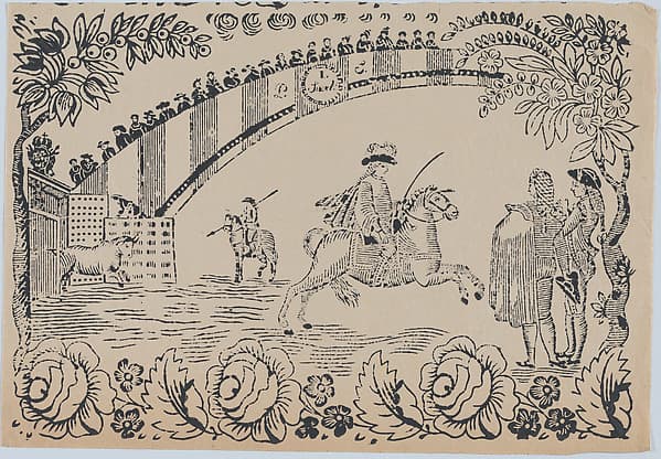 Suerte I: Bull entering the bullring after a law officer on horseback; two toreros standing to right