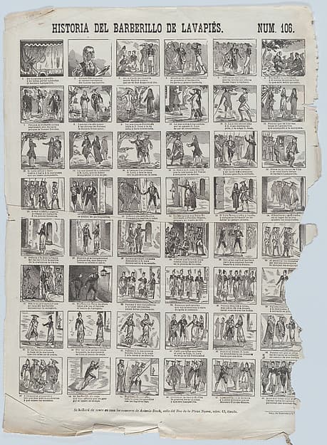 Broadside with 48 scenes relating to the zarzuela barberillo of Lavapiés
