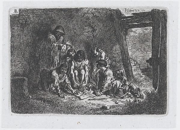 Plate 8: a group of figures some of whom are playing a game, from the series of customs and pastimes of the Spanish people