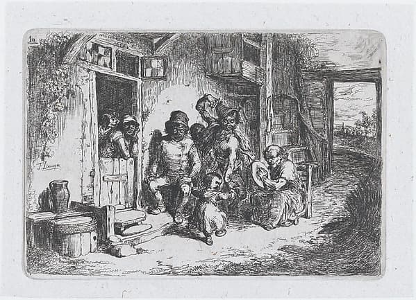 Plate 10: two figures dancing, another seated playing an drum, from the series of customs and pastimes of the Spanish people