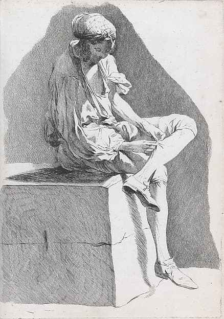 Youth Examining his Stocking (Young Boy of the People), pl. XVI from "Recueil de caricatures"