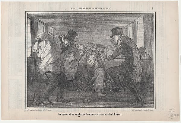 Intérieur d'un wagon de troisième classe..., from Les Agréments des Chemins de Fer, published in Le Charivari, December 13, 1856