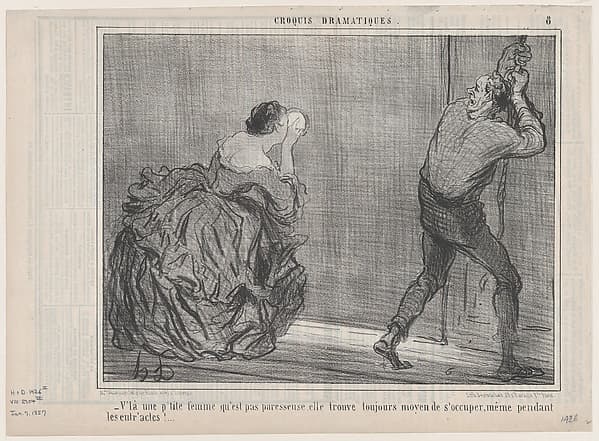 V'la une p'tite femme qu'est pas paresseuse..., from Croquis Dramatiques, published in Le Charivari, January 7, 1857