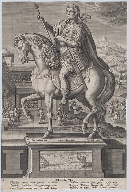 Plate 3: equestrian statue of Tiberius, in profile to the left, with a naval landscape on pedestal below, from 'Roman Emperors on Horseback'