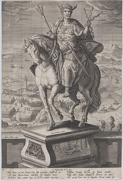 Plate 4: equestrian statue of Caligula, seen three-quarters to the left, wearing a winged helmet and holding double-headed arrows, a military scene in the background, from 'Roman Emperors on Horseback'