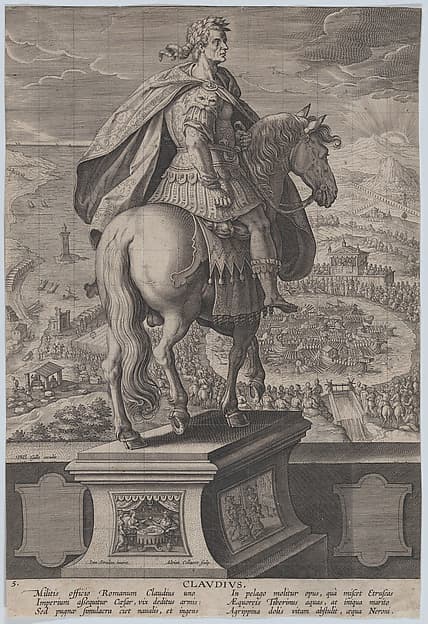 Plate 5: equestrian statue of Claudius, seen from behind, a naval competition at right in the background, from 'Roman Emperors on Horseback'