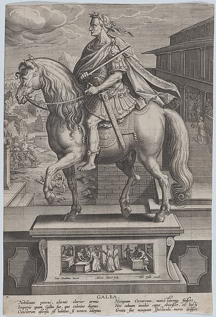 Plate 7: equestrian statue of Galba, in profile to the left, with a beheading scene in the background, from 'Roman Emperors on Horseback'