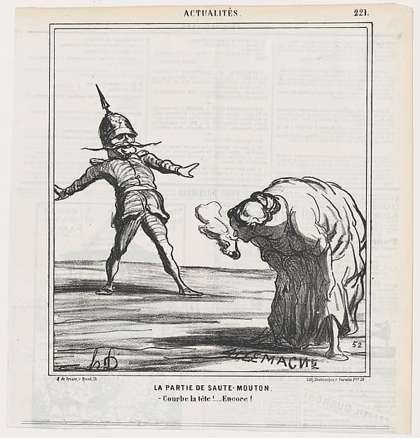 The leapfrog game: Bend your head down! Again!, from 'News of the day,' published in Le Charivari, October 20, 1868