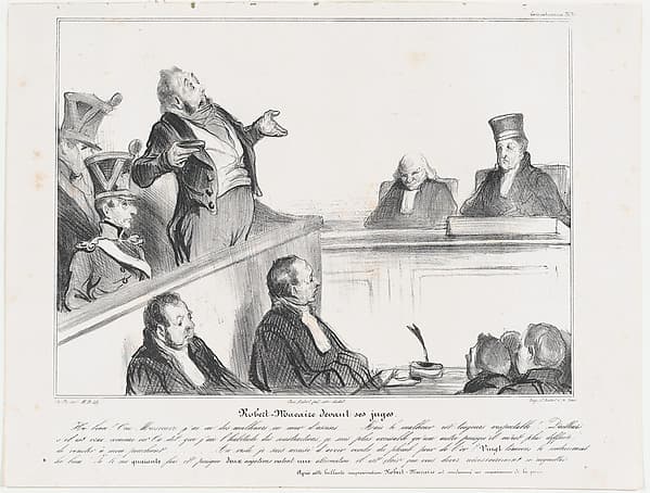 Plate 30: Robert Macaire before his judges, from 'Caricaturana,' published in Les Robert Macaires