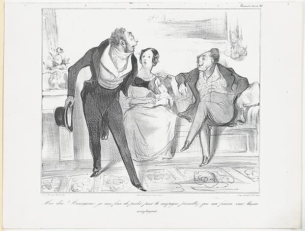Plate 40: My God! Monseigneur, I am forced to leave for the countryside, allow me to leave my wife behind to keep you company, from 'Caricaturana,' published in Les Robert Macaires