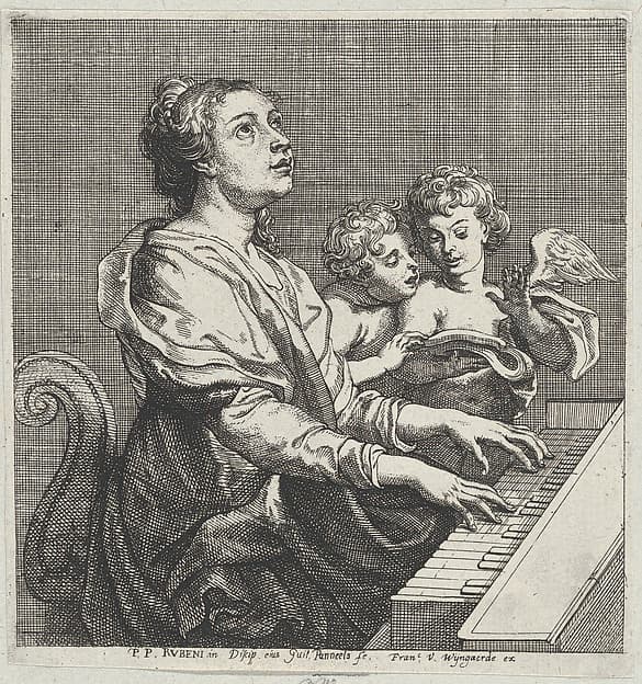 Saint Cecilia playing the organ with two putti at right