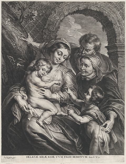 The Holy Family with Saint Elizabeth and the infant Saint John the Baptist, holding a goldfinch on a string