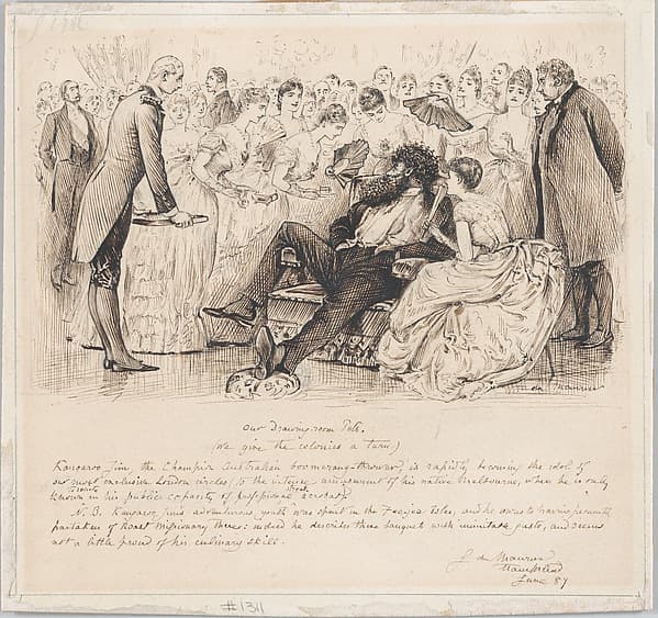 Our Drawing-room Pets–with "Kangaroo Jim, the Champion Australian boomerang-thrower," for "Punch," July 2, 1887