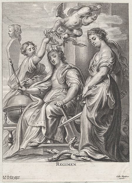 Allegory of Good Government, seated at center and being crowned by a putto and a woman at left, Justice standing atop a hydra at right