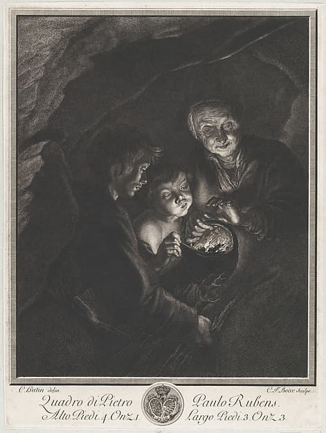 Night scene in a cave with an old woman holding burning coals in a pot, a boy blowing into the fire at left