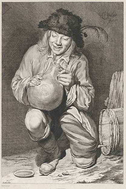 The Joy of the Cellar: kneeling farmer boy holding a jug next to wine barrel