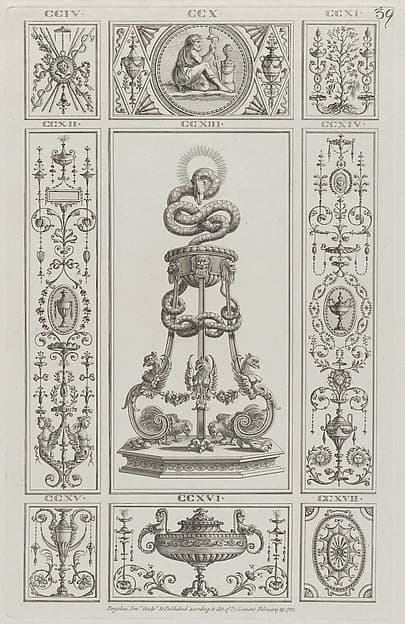 Tripod and Panels of Ornament, nos. CCIV–CCXVII, plate 39 from "Designs for Various Ornaments"