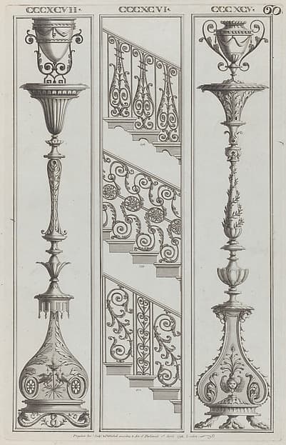 Candelabra Designs and Stair Railing Designs, nos. CCCXCV–CCCXCVII and 398–400, plate 60 from "Designs for Various Ornaments"
