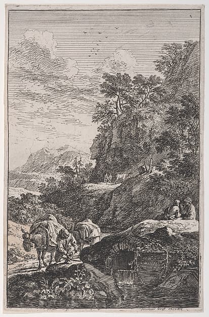 Plate 1: a peasant checking the hoof of his mule by a stream, from "Landscapes in the manner of Salvator Rosa" (Die Landschaften in Sal. Rosa's)