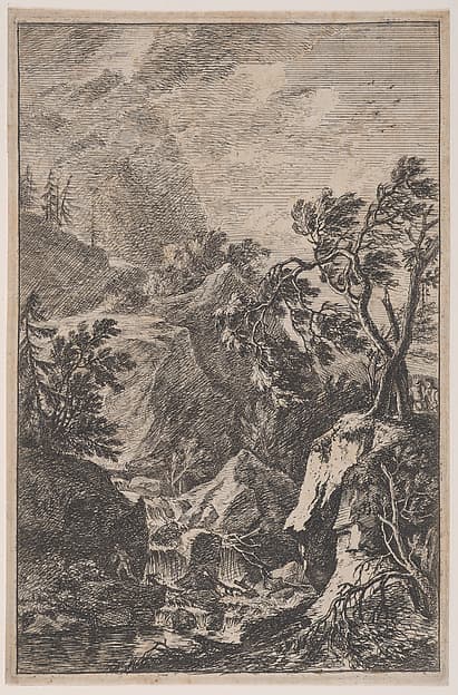 Plate 6: two male figures standing on a rock at right, a waterfall at center with another male figure on its left bank, from 'Landscapes in the manner of Salvator Rosa' (Die Landschaften in Sal. Rosa's)