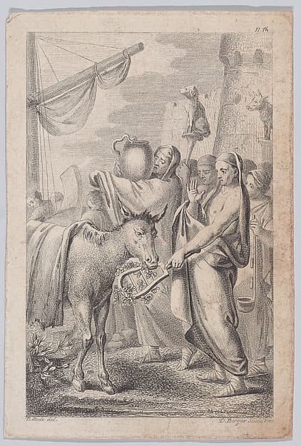 Figures at right near a ship, some holding up animals over their heads, a horse at left