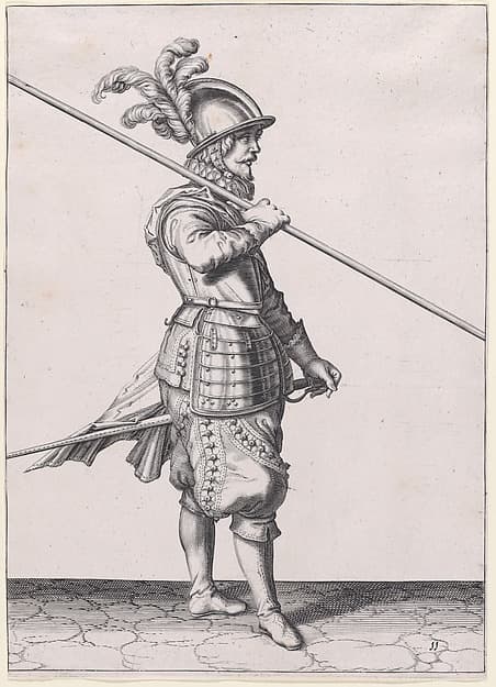 A soldier carrying his pike at the slope, from the Lansquenets series, plate 11, in Waffenhandlung von den Rören Musquetten undt Spiessen / Wapenhandelinghe van Roers Musquetten ende Spiessen (The Exercise of Arms)