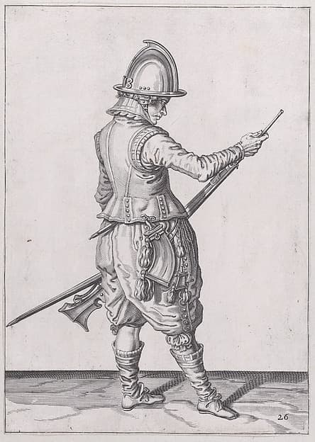 A soldier ramming home powder and bullet with the ramrod, from the Marksmen series, plate 26, in Waffenhandlung von den Rören Musquetten undt Spiessen / Wapenhandelinghe van Roers Musquetten ende Spiessen (The Exercise of Arms)