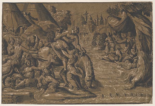 Cloelia the Roman hero in the centre being helped onto a horse, Rome in the background,