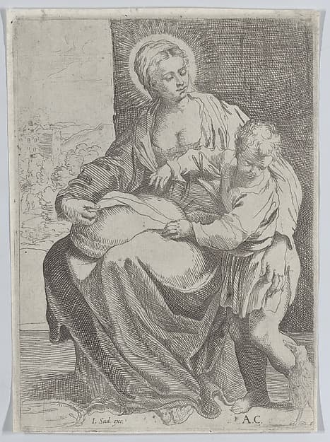 The Virgin seated holding a pillow on her lap with the young Christ standing at right