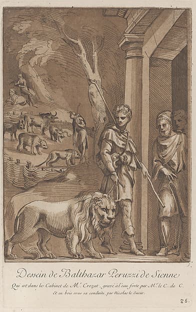 A shepherd holding a lion on a leash in the foreground, in the middle ground the shepherd stands in a meadow surrounded by wild beasts, in the background the shepherd is seated on a rock with the lion at his side; from 'Recueil d'estampes d'après les plus beaux tableaux et d'après les plus beaux desseins qui sont en France, Cabinet Crozat' after a drawing by Baldassare Peruzzi