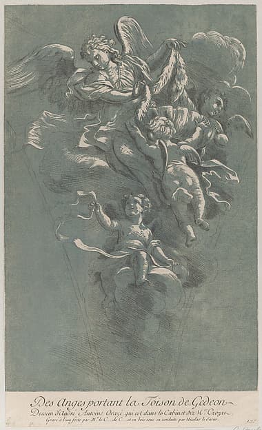 Three angels carrying Gideon's fleece; from 'Recueil d'estampes d'après les plus beaux tableaux et d'après les plus beaux desseins qui sont en France, Cabinet Crozat' after a drawing by Orazi