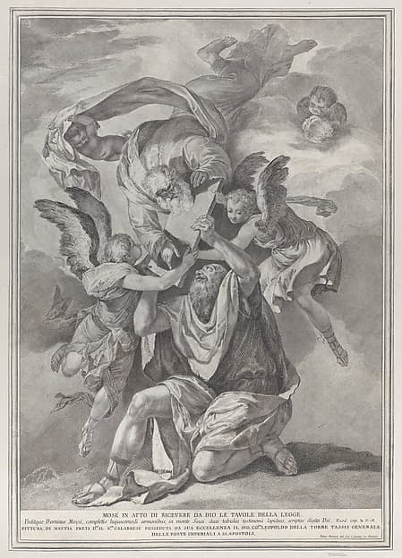 Moses receiving the Tablets of the Law from God who descends from the heavens; from the series of 112 prints of the sacred history, after the painting by Mattia Preti