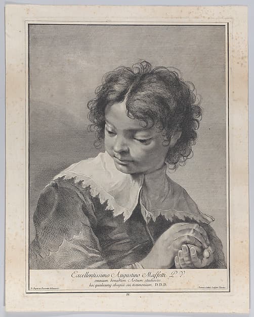Plate 4: Boy with a lace collar holding a piece of fruit in his hands; from 'Icones ad vivum expressae' after Giovanni Battista Piazzetta