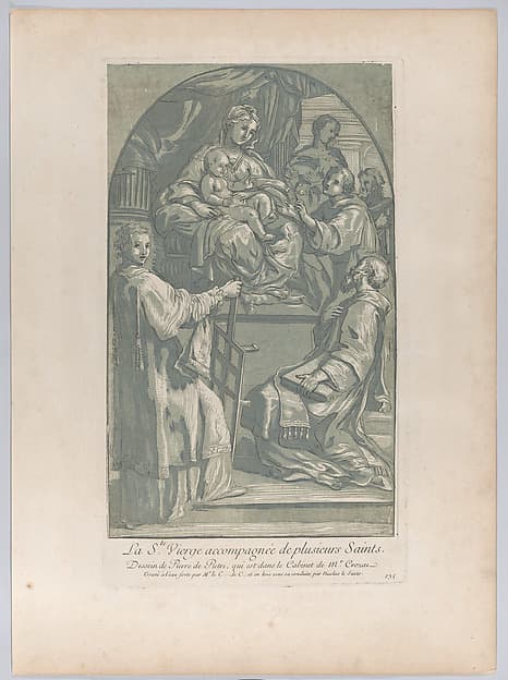 The Virgin and Child seated on a pedestal at center, to the right a monk offers a flower, and in the foreground a saint kneels before them while Saint Lawrence rests his hands on a gridiron; from 'Recueil d'estampes d'après les plus beaux tableaux et d'après les plus beaux desseins qui sont en France, Cabinet Crozat' after a drawing by Pietro Antonio de' Pietri
