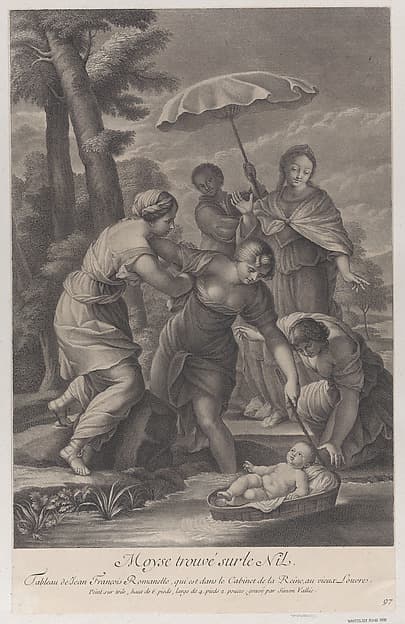 Three women pulling in the basket with the infant Moses from the water
