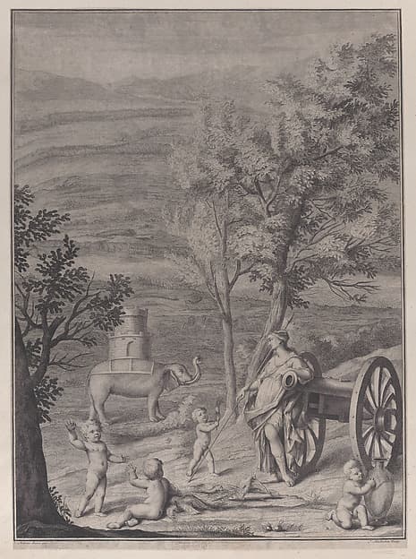 A woman standing against a cannon at right, putti in the foreground, and an elephant with a tower on its back in the background at left, from 'Danubius Pannonico-Mysicus' (Volume 3)