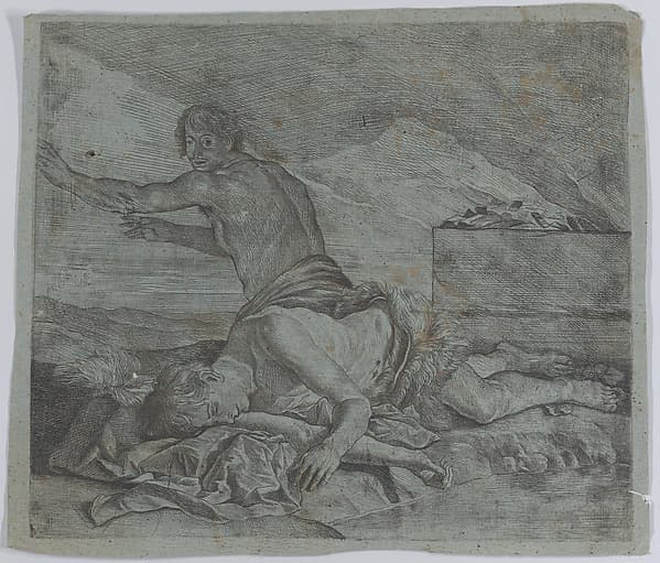 Cain fleeing after having slain Abel